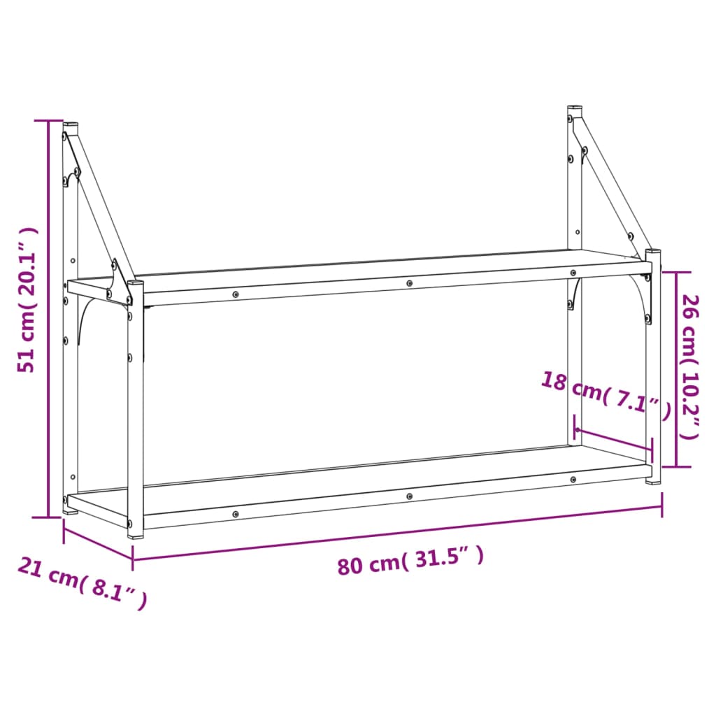 Wall Shelf with 2 Shelves Smoked Oak Finish 80 X 21 X 51 Cm Wood Based Material