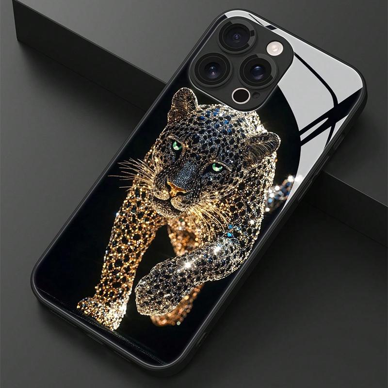 Cool Leopard Animal Print Tempered Glass Material Black Phone Case For Samsung Galaxy S25 S24 S23 Ultra Plus FE Hard Cover