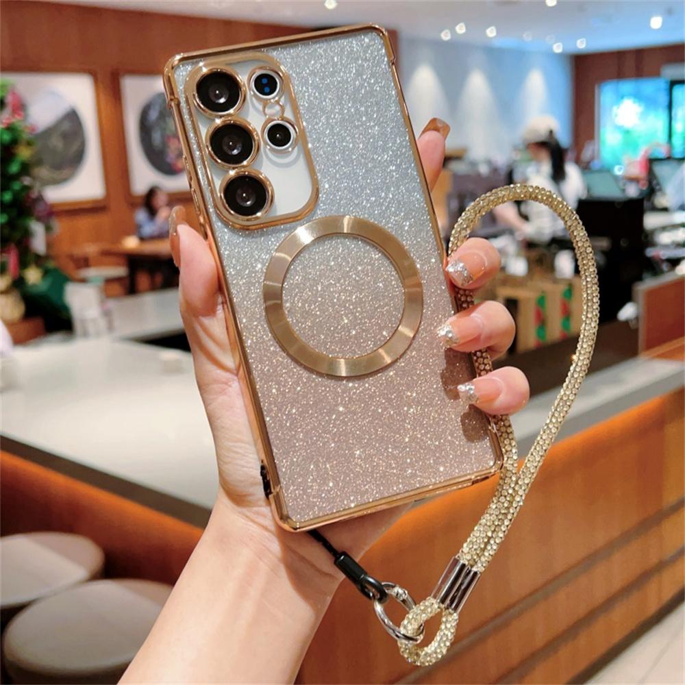 Dla Samsung Galaxy S25 Ultra Magnetyczne Etui Galwanizowane Gradientowe Błyszczące Pokrowiec na Telefon ze Smyczą