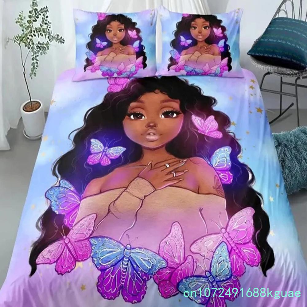 American Black Girl Duvet Cover Set,Black Girl Magic Bedding Set Full Size,Cute Little Afro Black Princess Comforter Cover Sets
