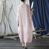 Johnature Women Chinese Style Pink Print Floral Dress Stand Long Sleeve Button Robes Autumn Ramie A-Line Loose Dress