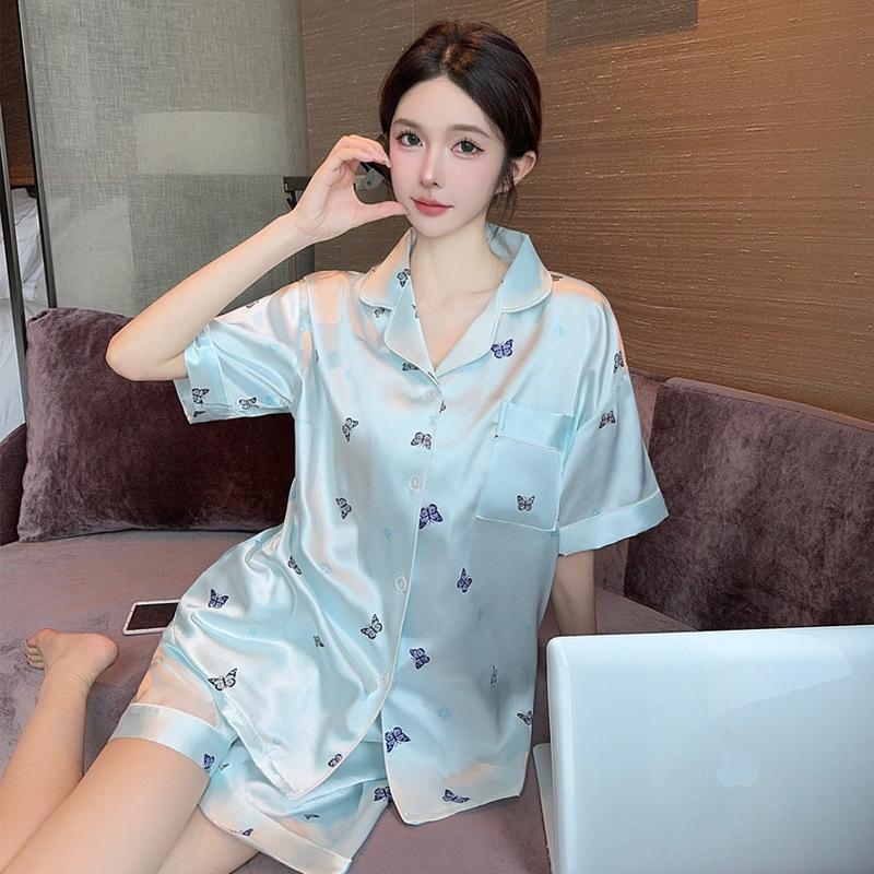 Summer Fresh High-End Lapel Short-Sleeved Imitation Silk Pajamas Women'S Butterfly Printing Can Be Worn Outside Loungewear