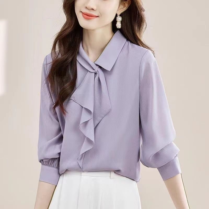 Spring and Autumn Light Mature Commuting Simple and Fashionable Ribbon Collar Loose and Versatile Solid Color Long Sleeved Shirt