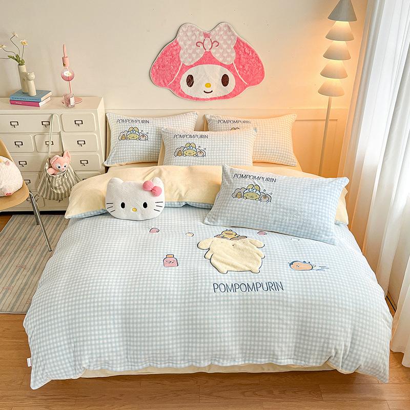 Cat Thickened Milk Fleece Four-Piece Set Cartoon Sticker Embroidered Fleece Quilt Cover Student Three-Piece Set