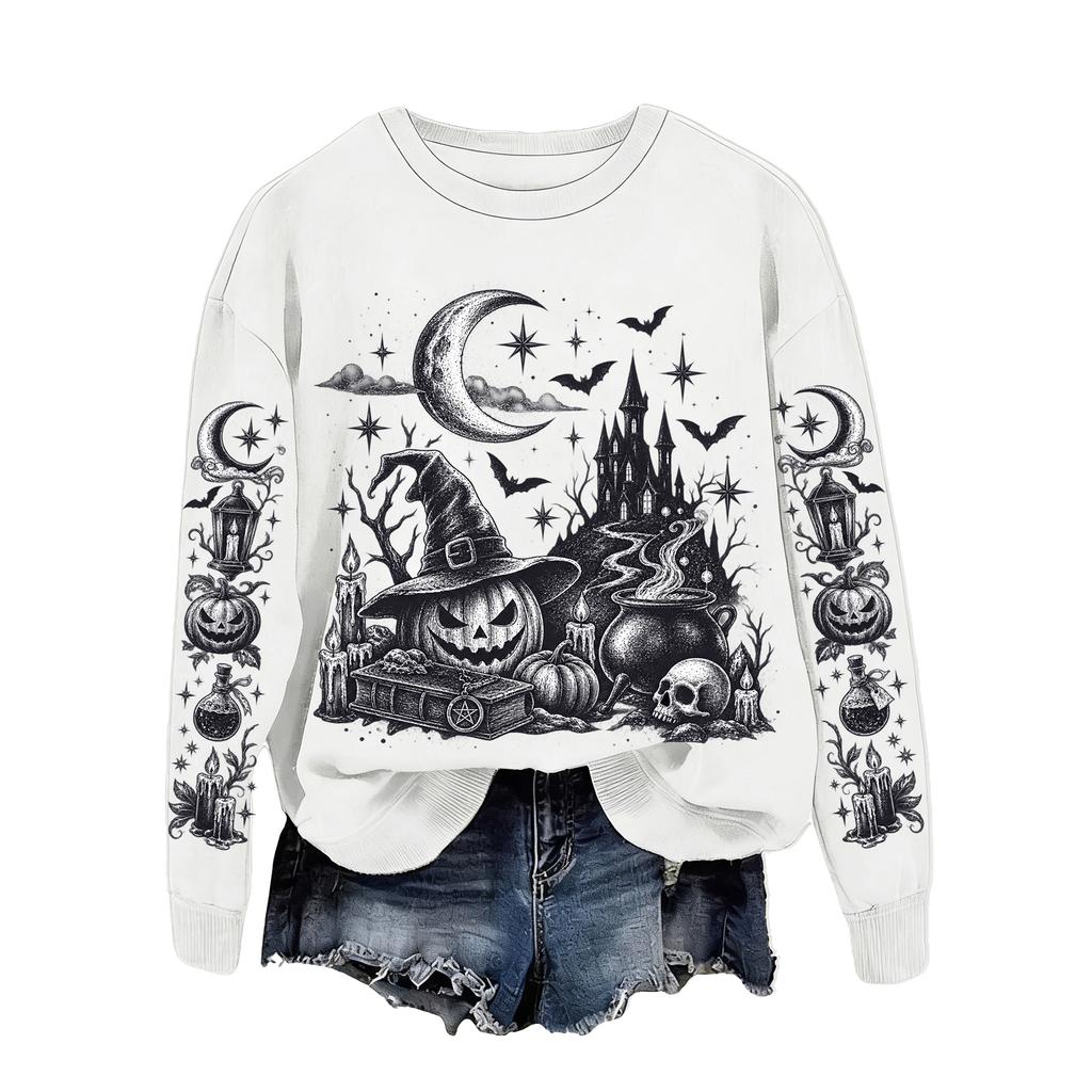 Women's Halloween Print Sweatshirt Loose Fit Casual Pullover Top for Fall and Winter