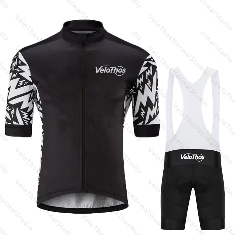 VeloThos Summer Cycling Jersey Set Short Sleeve and Bib Shorts Sport Camping Pro Race Bicycle Clothing MTB Ropa Maillot for Men