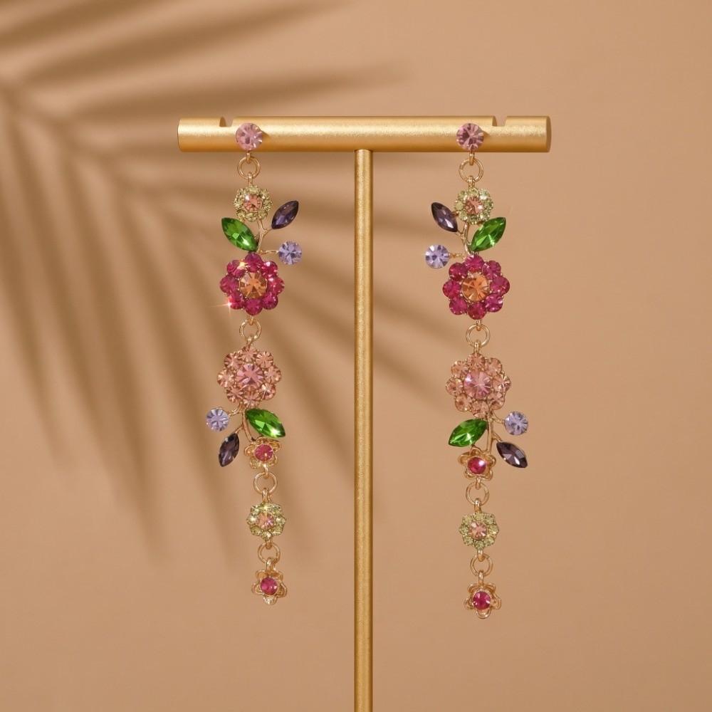 1 Pair Long Flower Drop Earrings Embellished Elegant Vintage Boho Style Earrings Sparkling Ear Needle Dangle Earrings Party