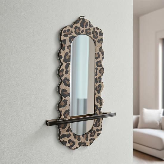 Yousheng Wooden Wall Floating Shelves Leopard Print Decorative Shelf Wall Mounted Planter Display Rack with Acrylic Mirror for Living Room Entryway