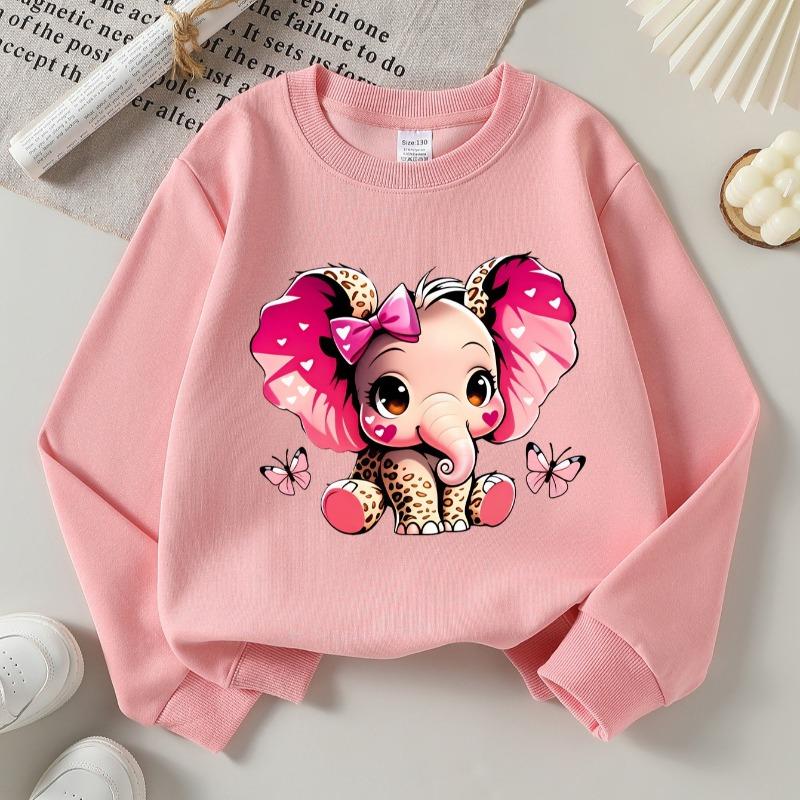 Kids Crewneck Sweatshirt, Cute Pink Elephant with Bow & Butterflies Print, Soft Casual Pullover for Fall Winter