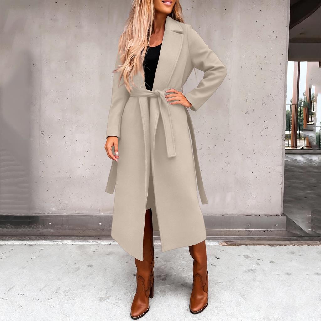Damen Casual Mode Einfarbig Langärmlig V-Ausschnitt Bindegürtel Langer Wollmantel