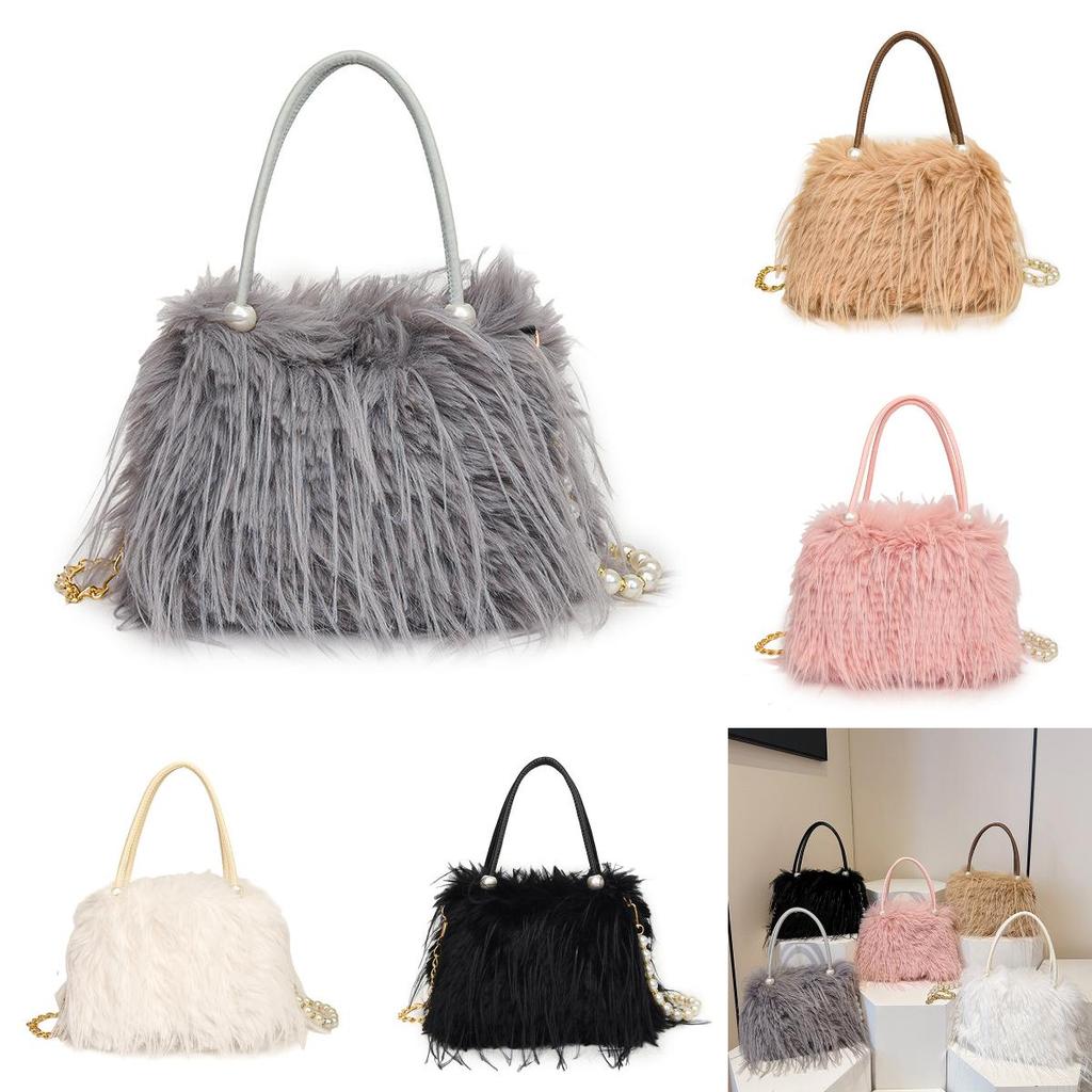 Solid Color Plush Handbag With Zipper And Chain For Casual Daily Use