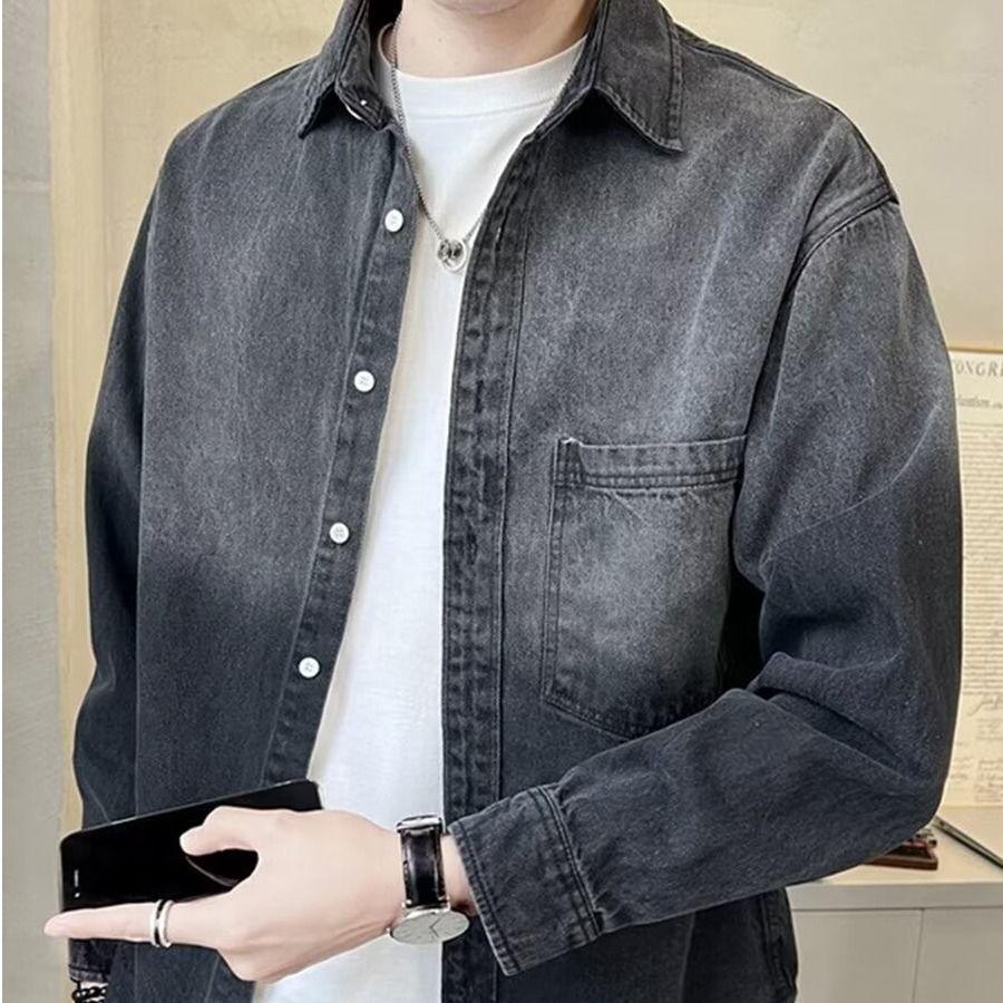 2025 Men's Gradient Denim Jacket - Loose Bad Boy Style in Black & Grey for Spring/Autumn
