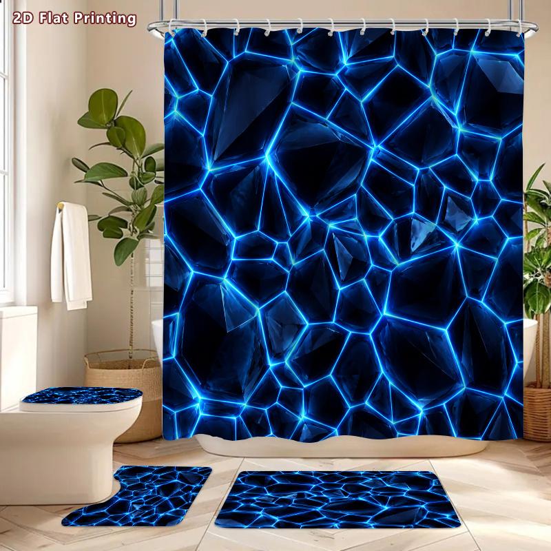 4-teiliges Modern Art Duschvorhang-Set mit rutschfester Badematte, Toilettendeckelbezug, Kontur-Teppich & 12 Haken, Badezimmerdekoration