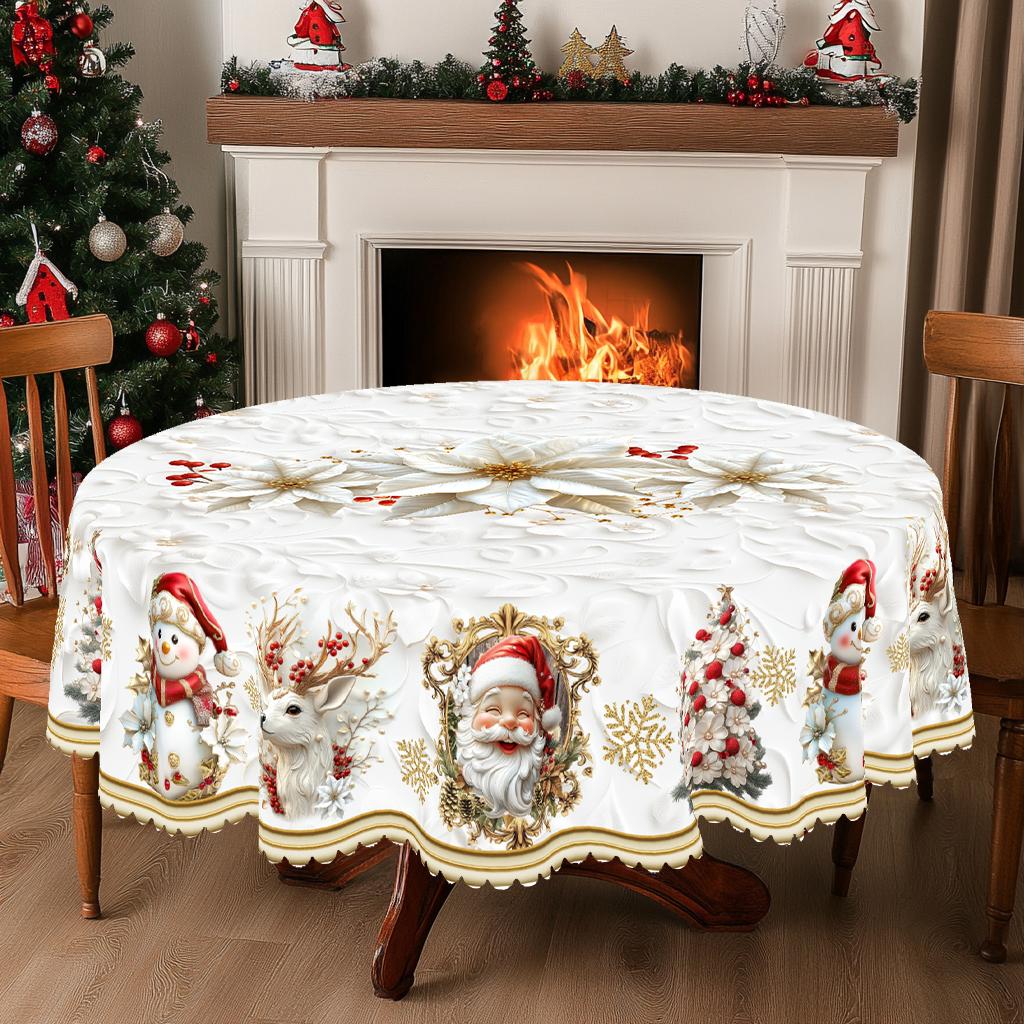 Kerst Vintage Boerderij Tafelkleed met Kerstman, rendieren & Kerstboom prints. Rechthoekige & ronde maten voor Kerst/Nieuwjaarsfeesten, keuken, binnen & Round (180)Cm