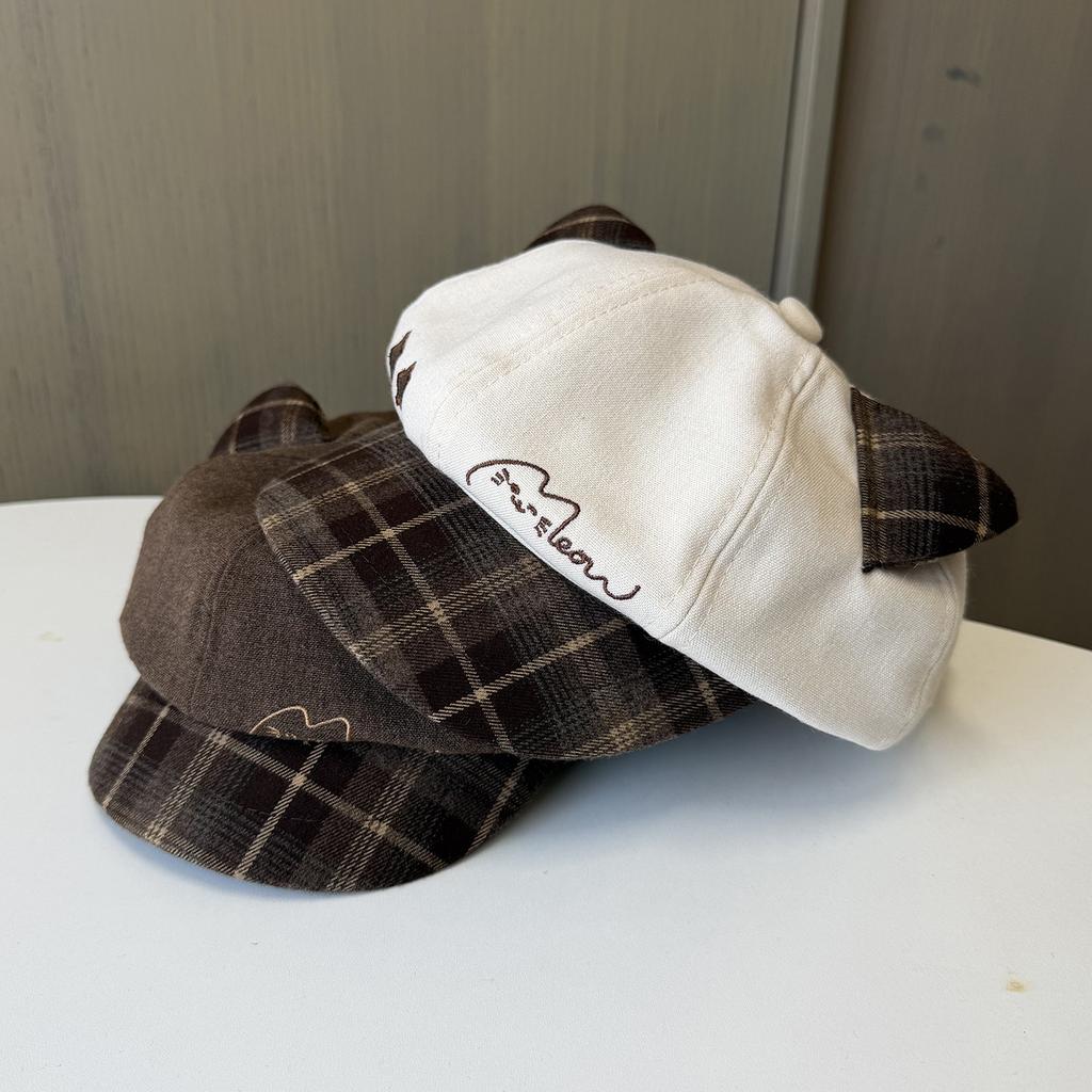 Cartoon Cute Cat Ears Plaid Octagonal Hat Female Autumn Sweet Casual Newsboy Hat Versatile Face Cap