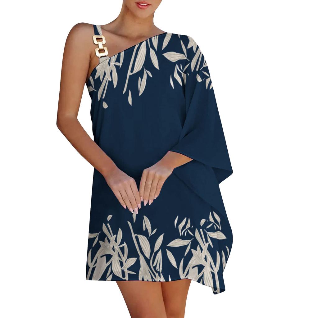 Wish Ladies Printed Chain Strap Half Off-Shoulder Dress