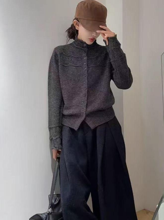 Cozy Autumn Winter Knit Cardigan With Floral Pattern And Round Neck For Women
