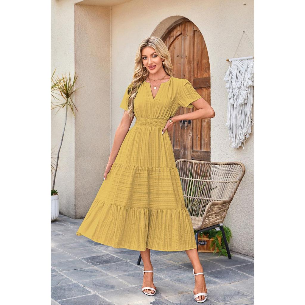 Women's Spring Summer Elegant V-Neck Ruched Waist Flared Long Sleeve Maxi Dress Fashion Casual Party Dress