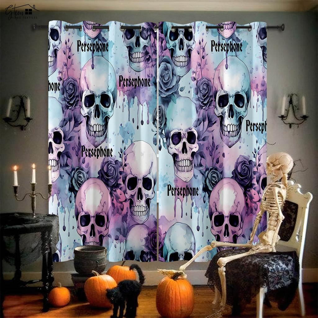 Skull Rose Curtains Retro Tricky Dark Ins Secret Room Bar Bedroom Halloween Christmas Holiday Decoration Curtains 2PCS
