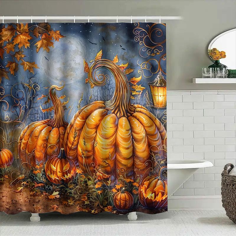 

Tuniu Spooky Halloween Pumpkins Bat Decor Shower Curtain For Bathroom Orange Autumn Backdrop Wall Decor W60H190(CM)-1 Pcs