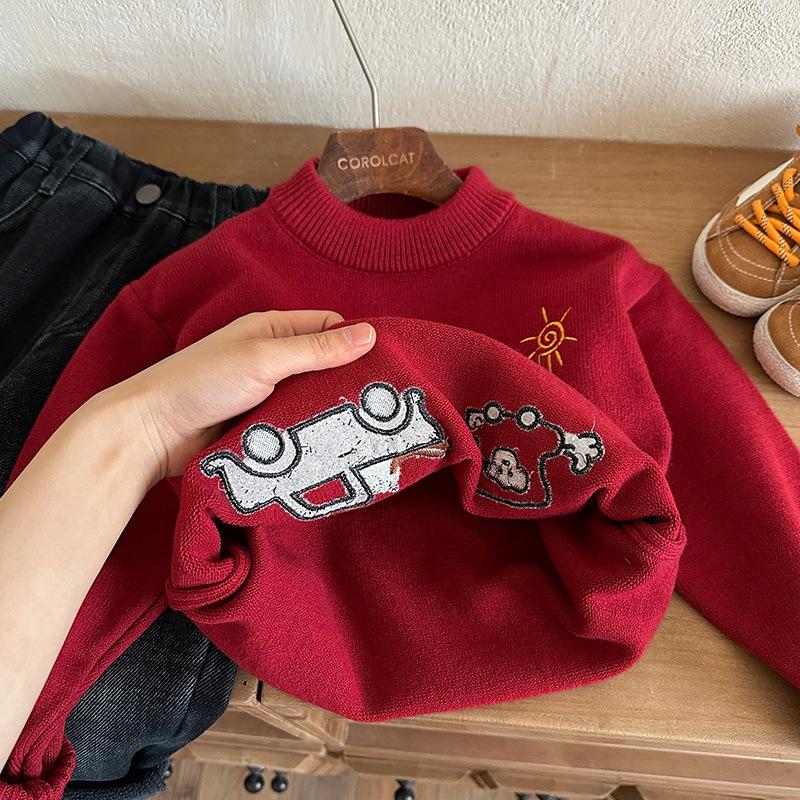 Boys' Winter Red Cartoon Car Pullover Sweater - 2025 New Style New Year Outfit