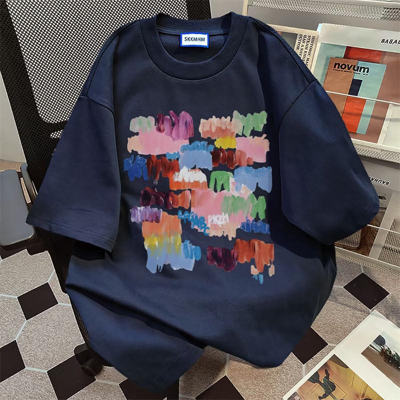 Pure Cotton Harbor Wind Color Graffiti Print Short Sleeve TShirt Couple Casual Summer Ins Loose Top Unisex And Unisex