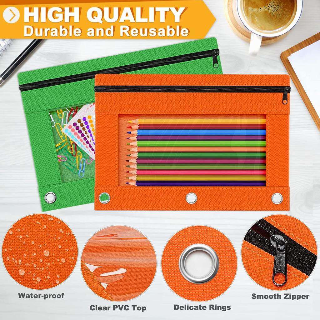 Pencil Pouch for 3 Ring Binder, Bulk 6 Pack 3 Hole Zipper Pencil Pouches with Clear Window, Pencils Bags In Assorted Colors, Sturdy and Durable Cloth