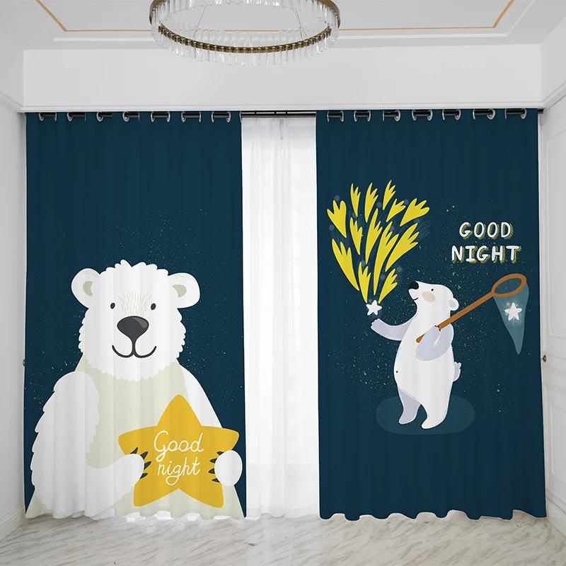 

Big White Bear Star Cartoon Style Children s Boy Room Curtain Boy Bay Window Bed Chamber Living Area Room Thin Drape New Model Pattern W55 X H120cm X 2&Grommet Top