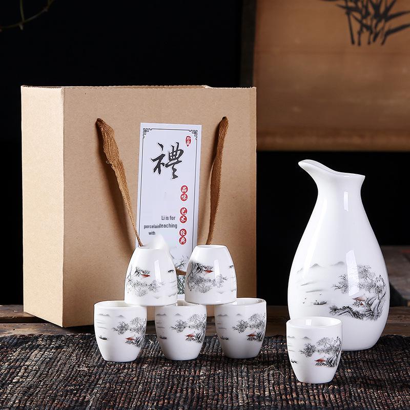 Deluxe Ceramic Wine Set: Heated Wine Pot & Six Baijiu Cups