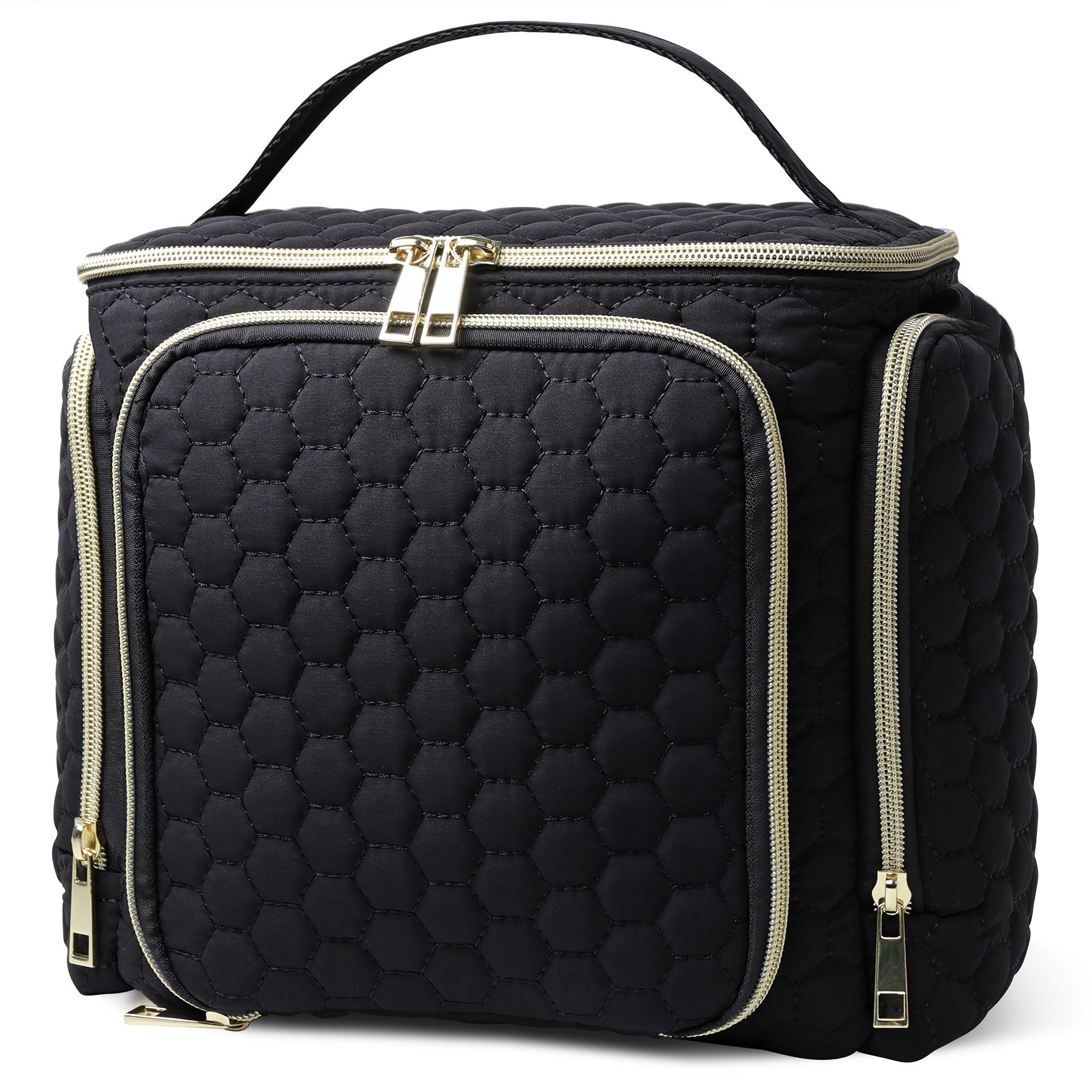 

Large Pink Quilted Cosmetic Bag with Golden Zippers. Multi-Pocket, Wet/Dry Separation Makeup Organizer. Ideal Travel Case.