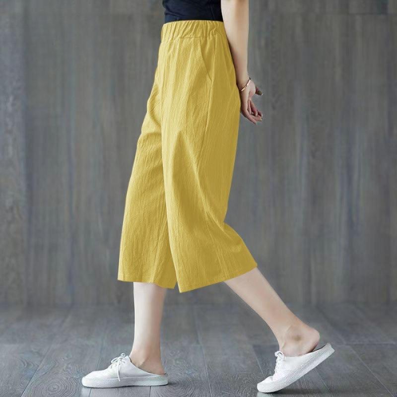 women's High Waist Cotton Linen Wide Leg Cropped Pants Summer Loose Casual Sevena??Point Trousers Plus Size Mom Pants