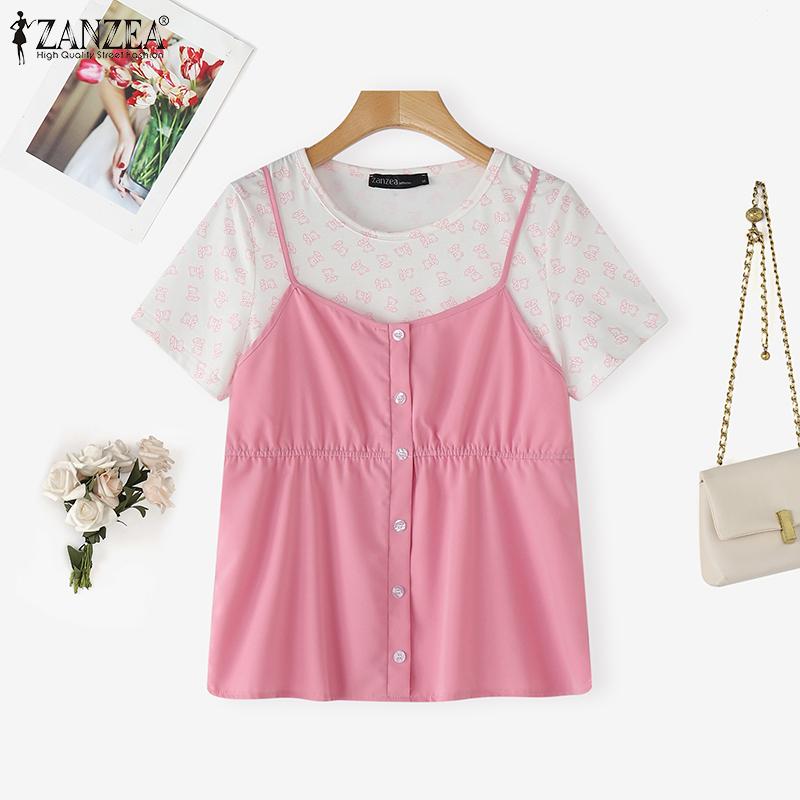 

ZANZEA Women Summer Casual Fake Two Piece Patchwork Short Sleeve T-Shirts 5XL хакі