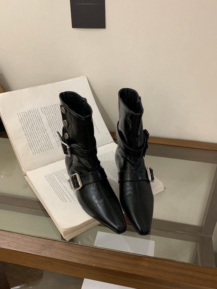Vintage Maillard Wedge Heel Short Boots Women s Low Heel Belt Buckle Skinny Western Cowboy Boots Medium Boots 35