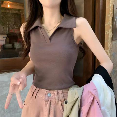 Pure desire style Spice girl polo collar vest women's summer design sense niche Hong Kong flavor inner with short sleeveless top shirt