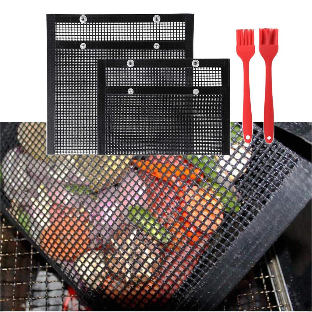2pcs Reusable PTFE Coated BBQ Mesh Grilling Pouches Grill Bag with Silicone Brush Baking