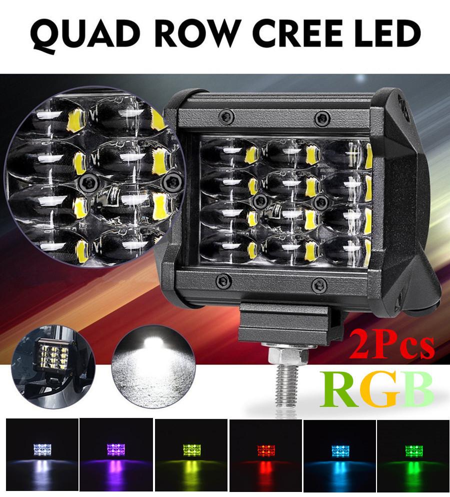 Pair 4inch 144W 14400LM LED Work Light Bar RGB 6 Colors Breathing Flood Spot Beam Offroad 4WD SUV Driving Fog Lamp
