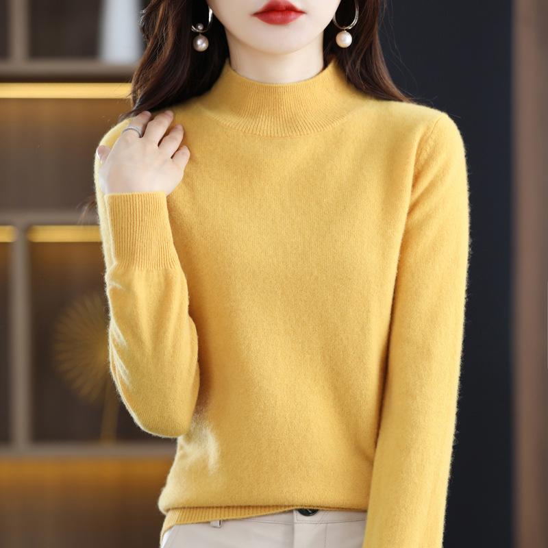 Women's Cashmere Knit Sweater - 2023 Autumn/Winter, Half-High Neck, Slimming Fit, Solid Color Pullover
