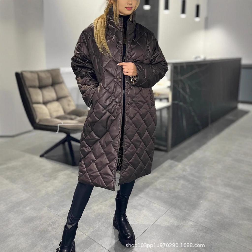 New Autumn and Winter Women's Clothing Shiny Casual Lapel Mid-length Diamond-patterned Cotton Coat