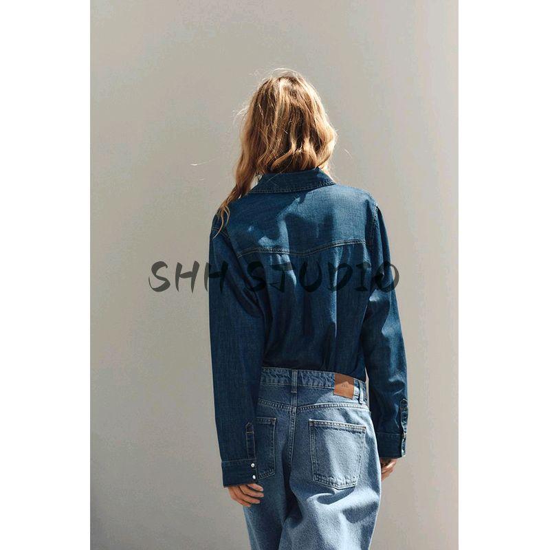 Spring New Women's Clothing Casual Single Row Multi-Buckle Retro Long Sleeves Lapel Denim Shirt Tops 7147027