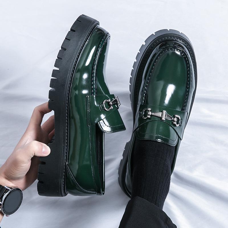 2025 New Thick-soled Heightening Men's Big-headed Leather Shoes Patent Leather Glossy Casual Thick-heeled Loafers Hairstylist Trendy Shoes