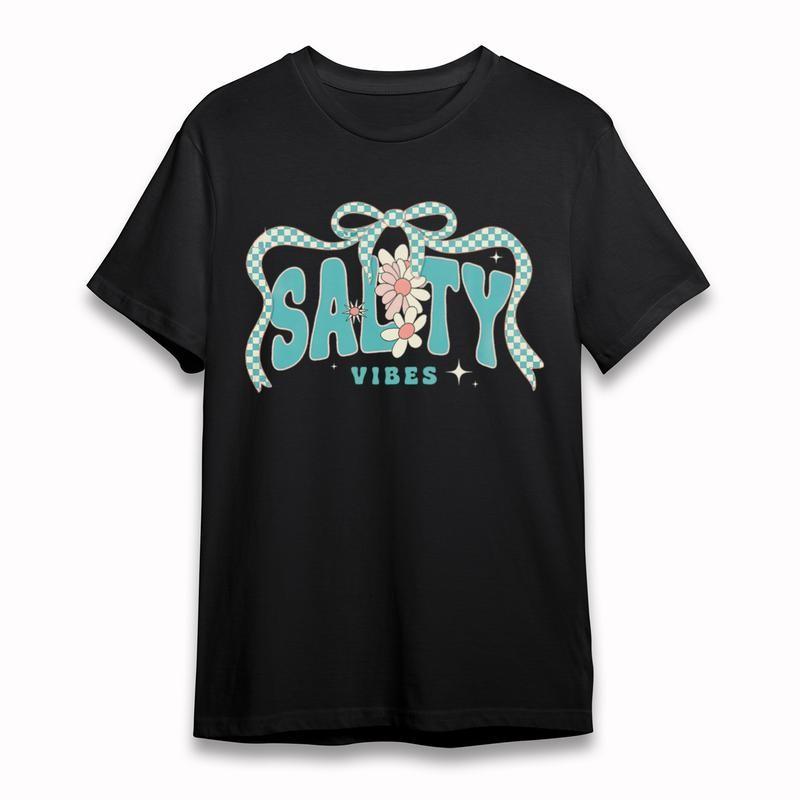Women's Oversize T-Shirt Salty Vibes Blue Green Letter Bow Star Accent Tee USA