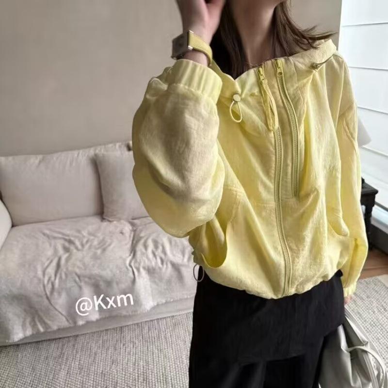 Women's Summer Korean Style Hooded Short Jacket, Versatile and Loose with Double Zipper, Mesh Lining, Sun Protection, Thin.
