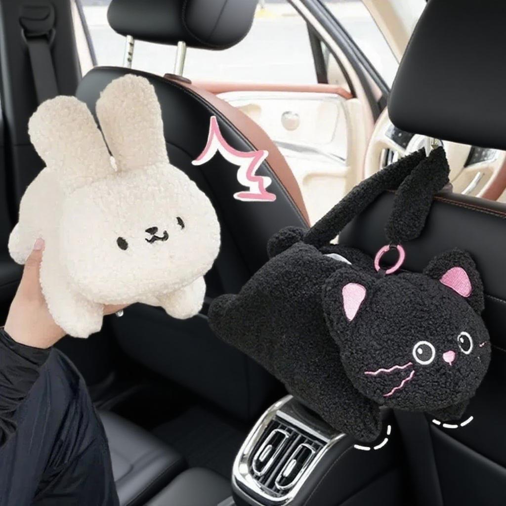 Car Hanging Tissue Box Set - Cute Rabbit & Cat Plush Design, Black/White Options, Soft Stuffed Car Back Seat Tissue Holder