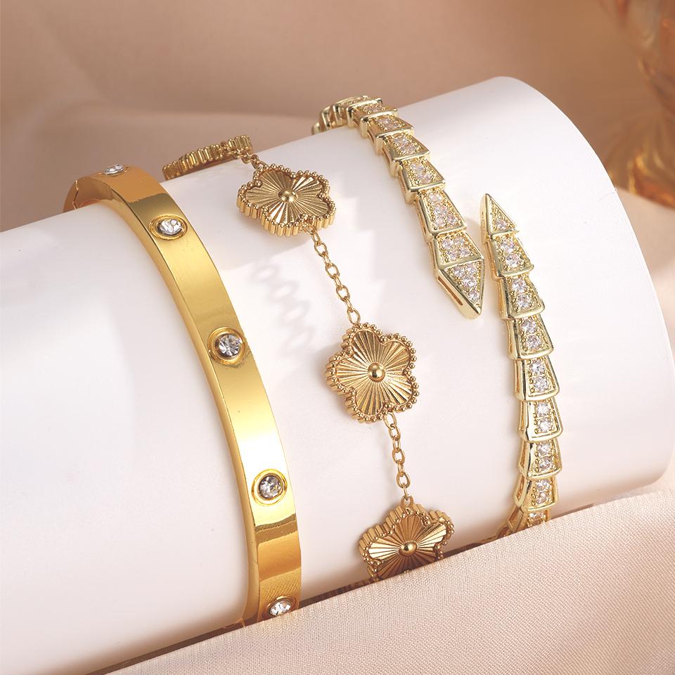 

UILZ 18K-Gold plated Snake Bone Open 3 Pcs Bracelet Set High Quality Shiny Zircon Charm Five-leaf Flower Stainless Steel Jewelry