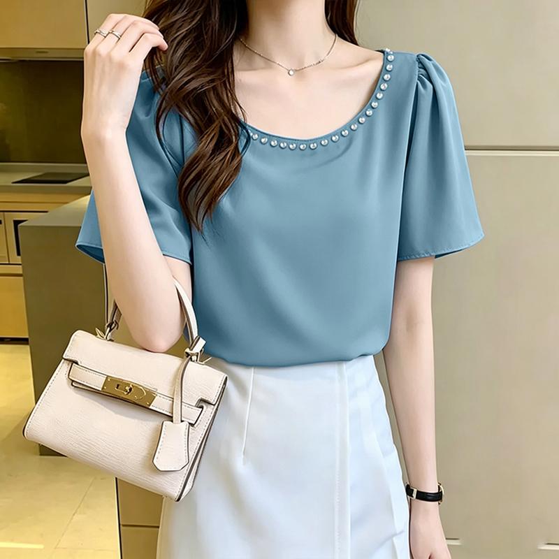 

ZANZEA Women Elegant Plearl Splice Round Neck Casual Short Sleeve Blouse 5XL синій