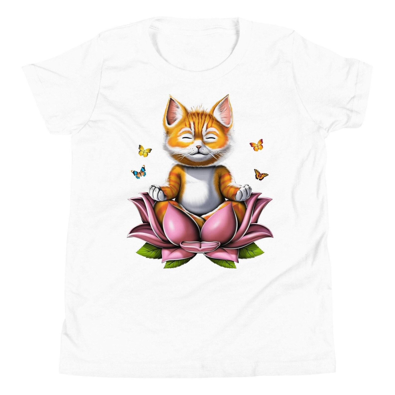Kawaii Cat Meditation Kids T-Shirt, Yoga Girls Shirt, Spiritual Shirt, Lotus Flower Tee, Cute Cat Clothing, Funny Cat Clothes, Zen Apparel 100
