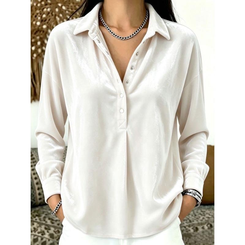 Women S Casual Velvet Solid Lapel Half Button Shirt