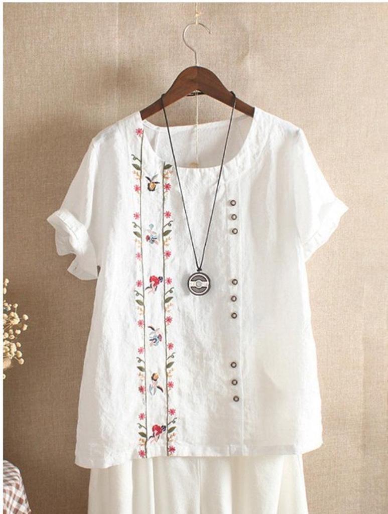 Women's Retro Cotton Linen Embroidered Short Sleeve Casual Shirt, 2022