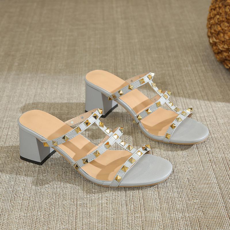 Fashion New Lady British Style White Studded High Heel Slides Front Open Toe Shoes with Sewing Wide Fit Microfiber Leather Zapatos Mujer