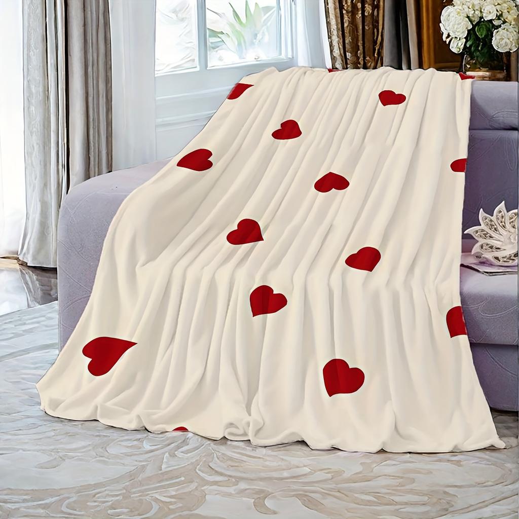 Red Heart Flannel Blanket Love Motif Beige Background Soft Plush Throw Sofa Couch Bed Decor Sweet Romantic Vibe Durable